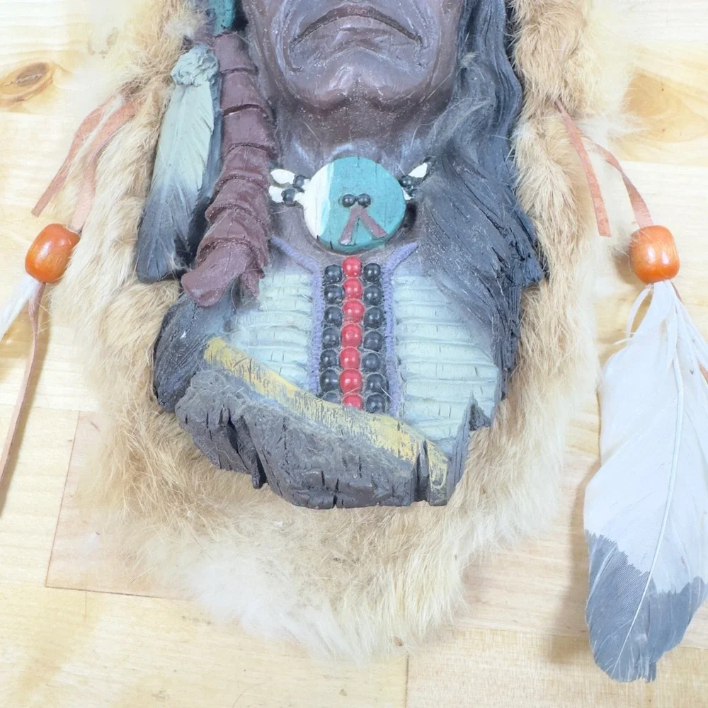 Native American Elder Wolf Headdress Wall Plaque Faux Fur Feather Decor 12in